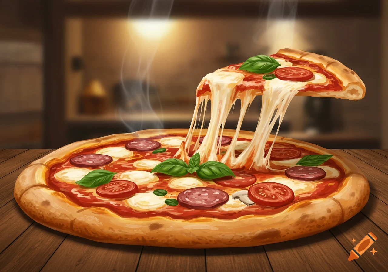 An illustration of a hot pizza on a wooden table, with a slice being lifted, showing melted cheese stretching.
