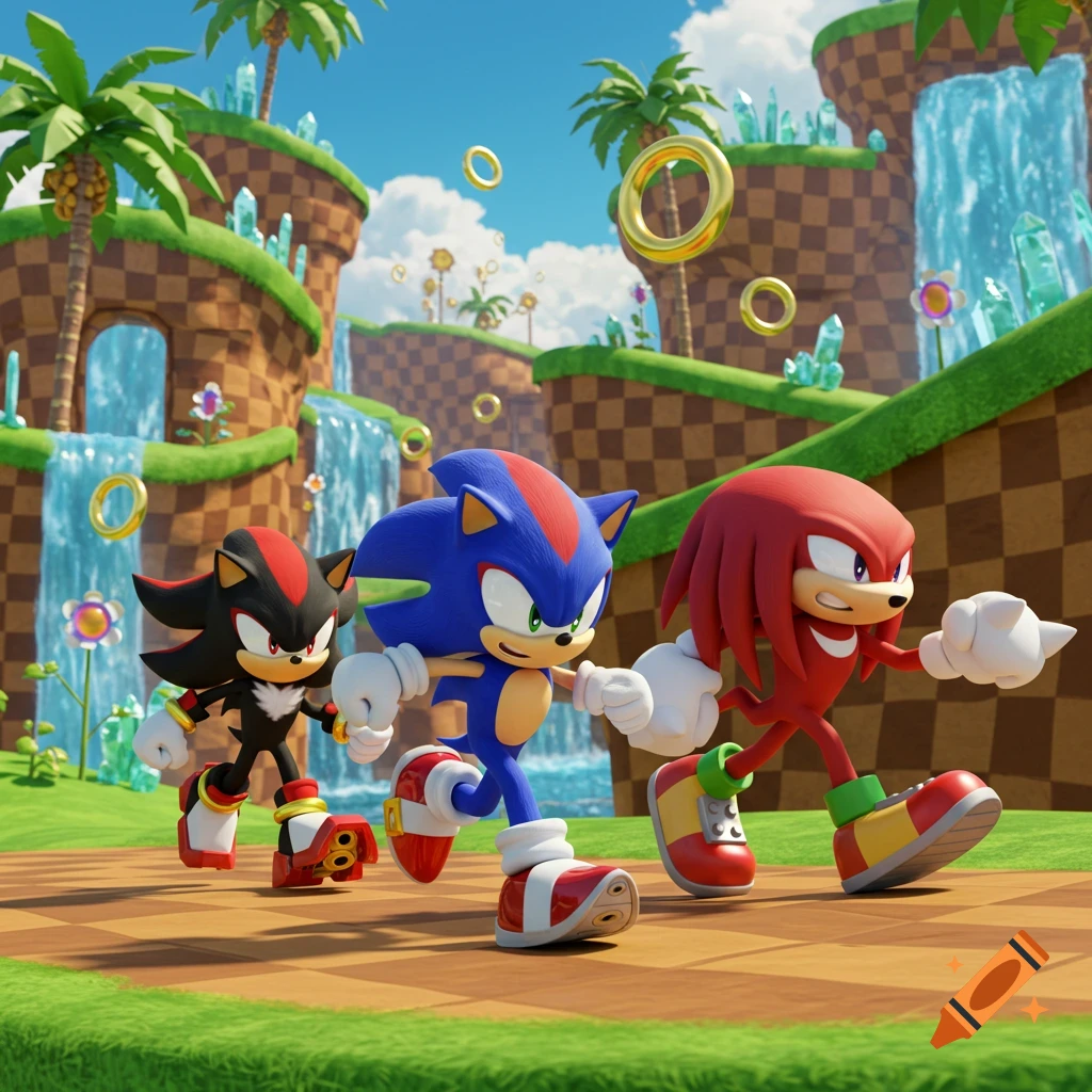Shadow, Sonic, and Knuckles race through the vibrant Green Hill Zone, with waterfalls, palm trees, and golden rings.