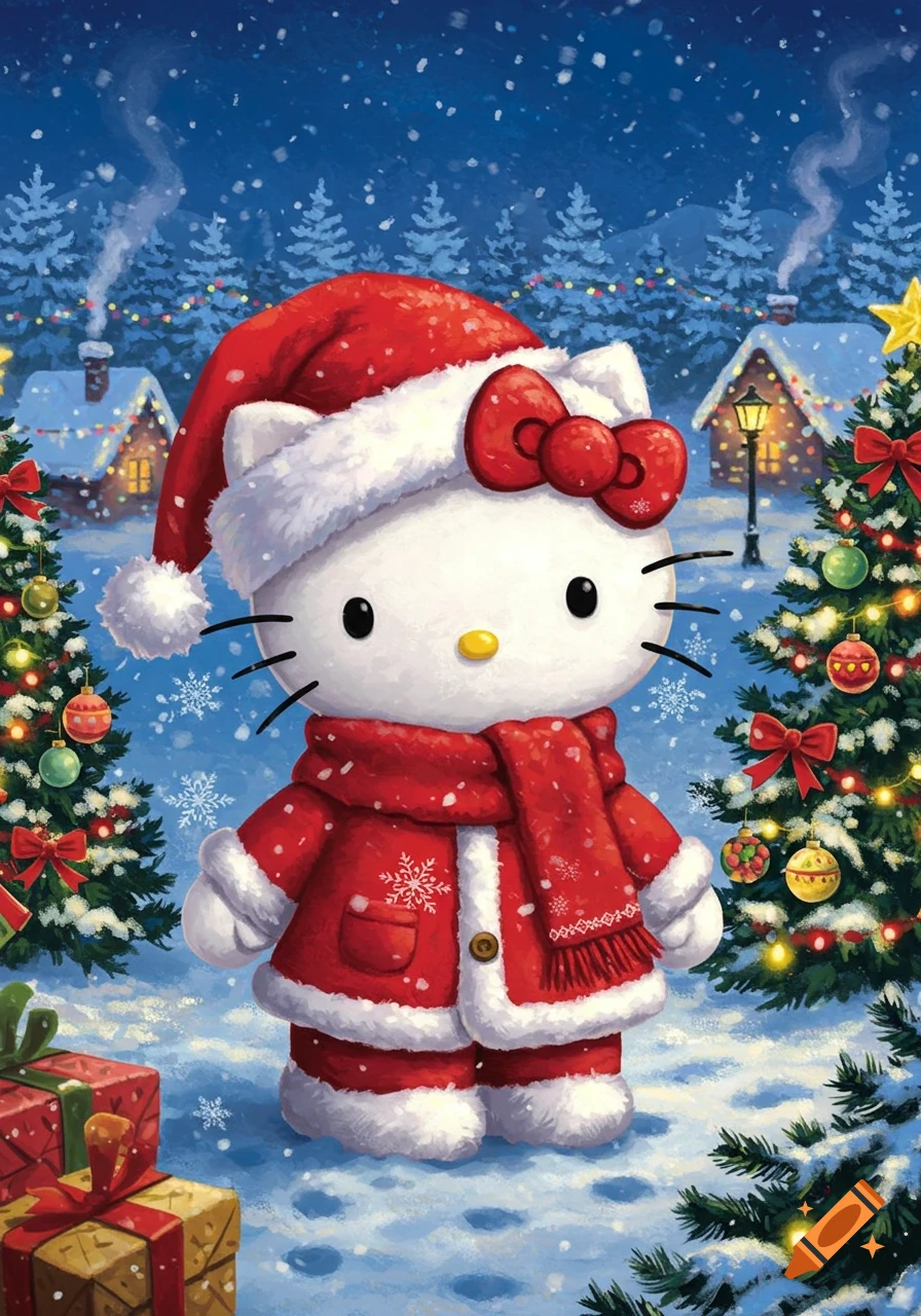 A cute illustrated Hello Kitty dressed as Santa in a snowy Christmas village with decorated trees and houses.