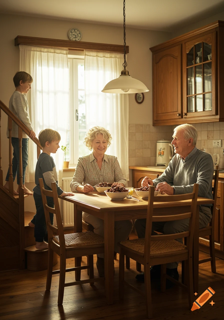 A candid, sunlit photo of two boys on a wooden staircase in a kitchen, while their grandparents smile at the dining table with bowls of cereal.