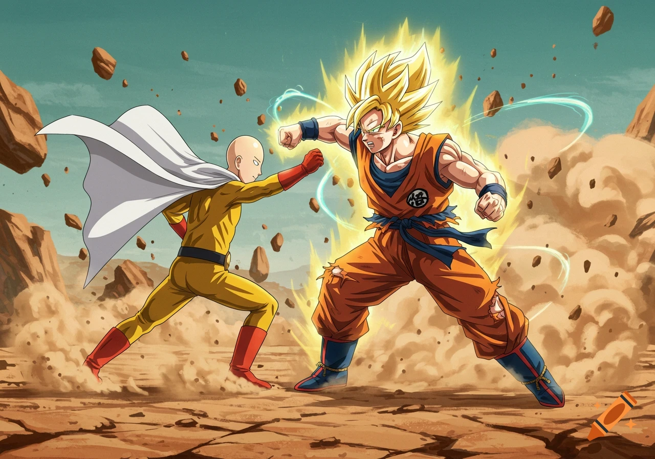 Saitama punches Goku, who glows with power, in a dusty, rocky anime fighting scene.