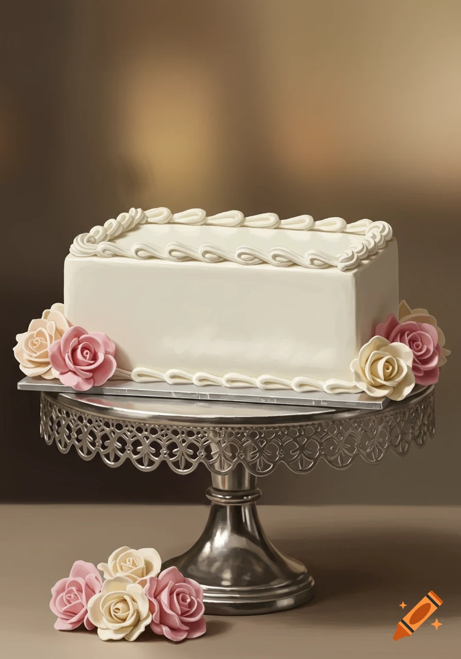 A white rectangular cake with frosting swirls and pink and cream sugar roses on a silver cake stand.