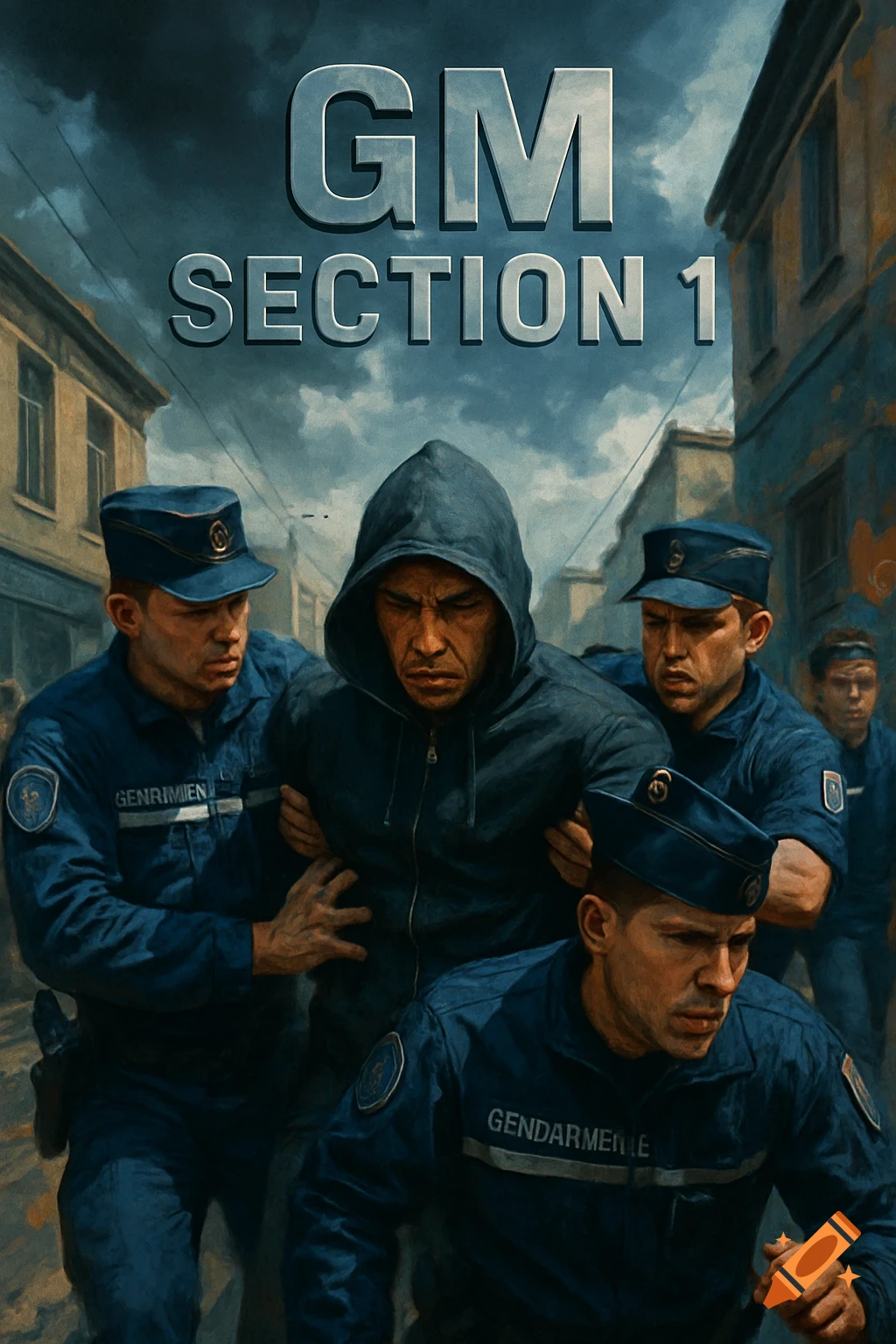 Three police officers in blue uniforms with text "GM SECTION 1" above, arrest a hooded man on a city street under a dark sky.