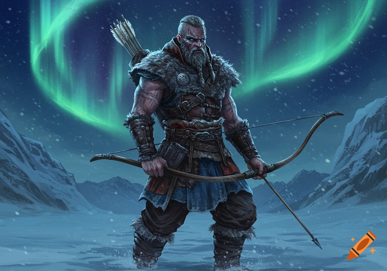 A muscular Viking hunter stands in a snowy arctic landscape under the aurora borealis, holding a bow and arrow.