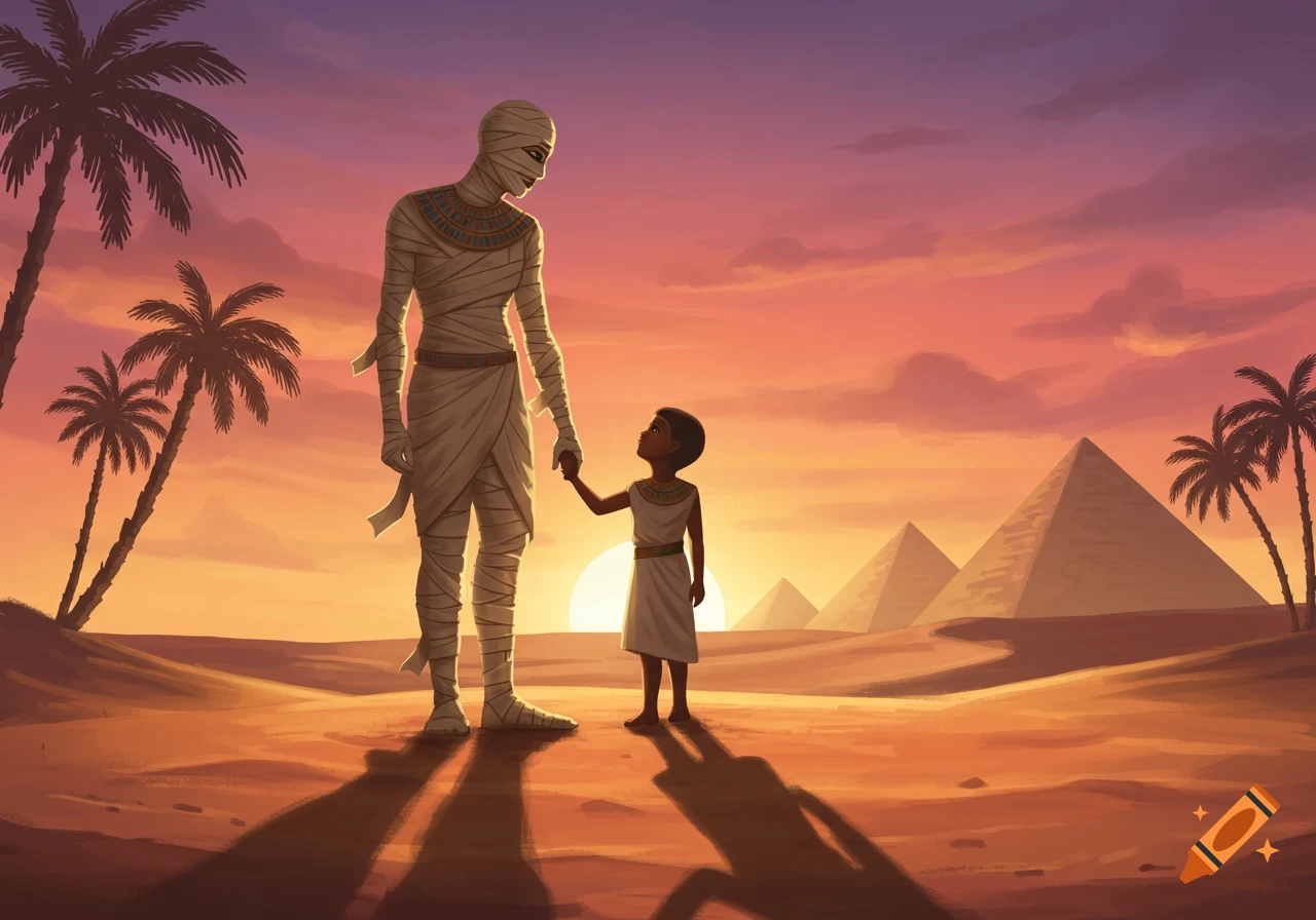 An illustrated scene of a mummy and a child holding hands in an Egyptian desert at sunset, with pyramids and palm trees.