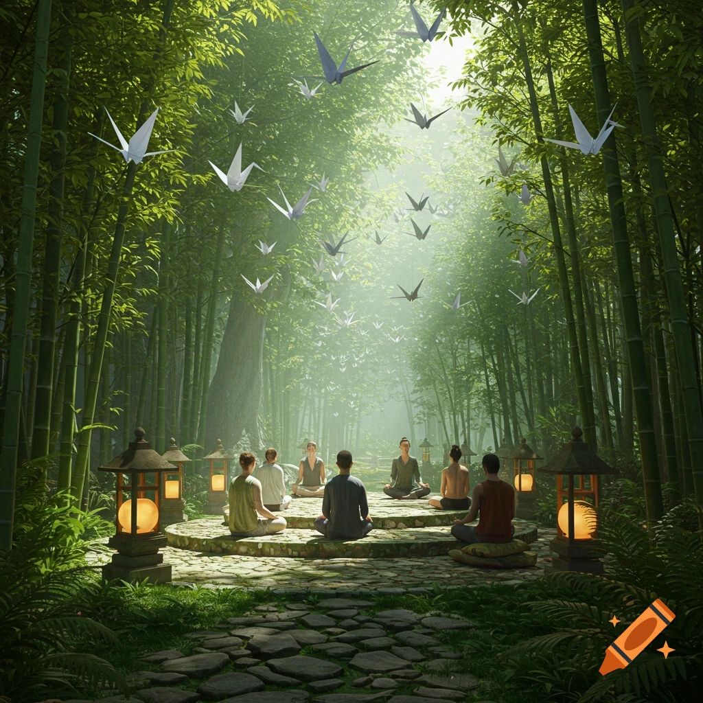 A group of people meditate in a sunlit bamboo forest with origami cranes flying overhead, creating a serene, spiritual atmosphere.