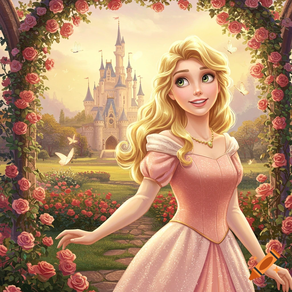 A blonde Disney princess with green eyes in a pink gown stands smiling in a rose garden with a castle in the background.