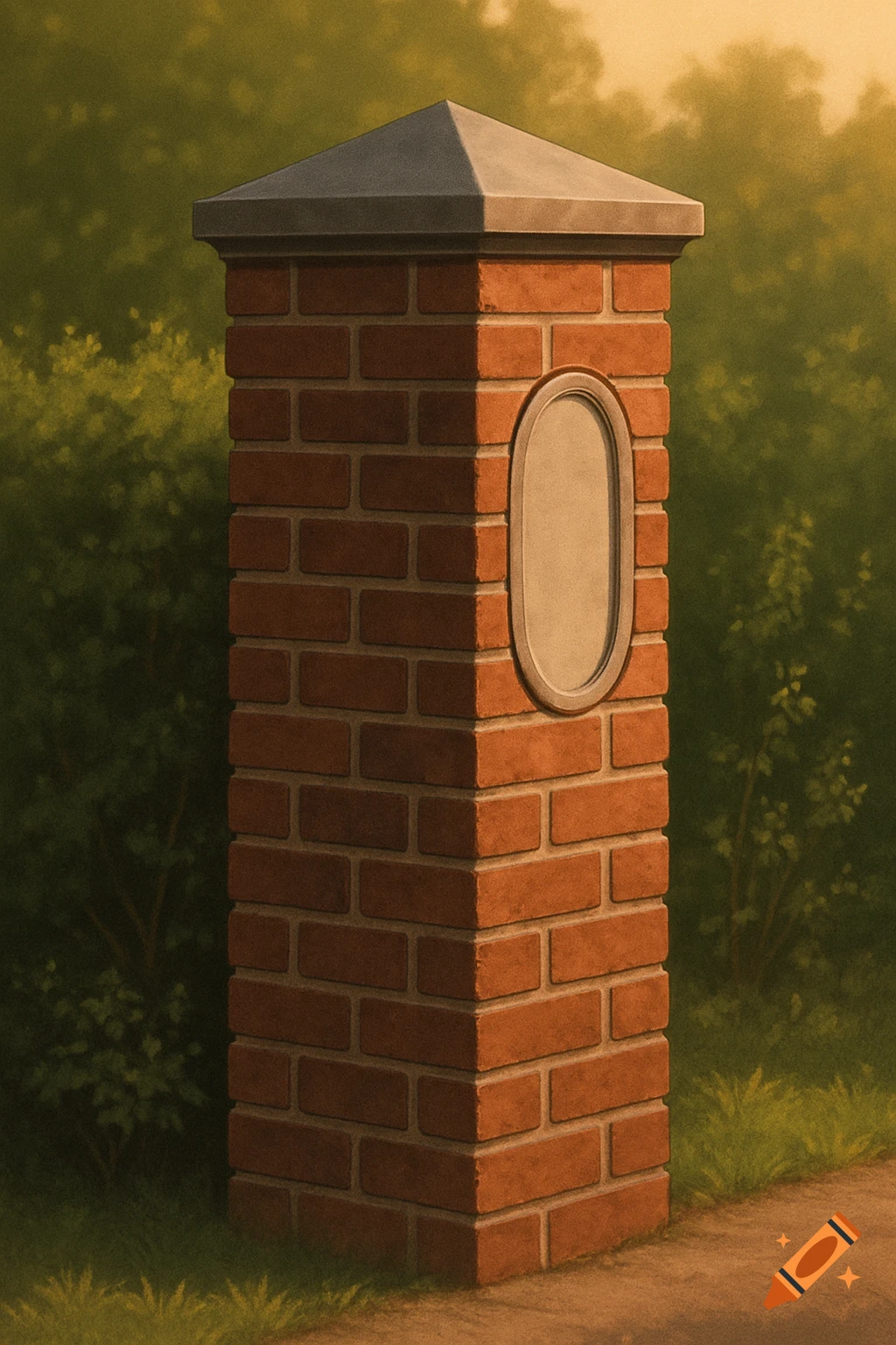 A red brick fence post with a gray sloped cap and a blank oval inset on the front, set in an outdoor scene.