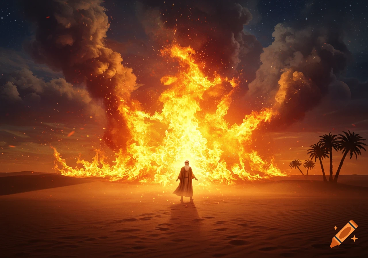 A robed figure stands dramatically in a desert before a colossal wall of fire and smoke under a starry night sky, with palm trees.