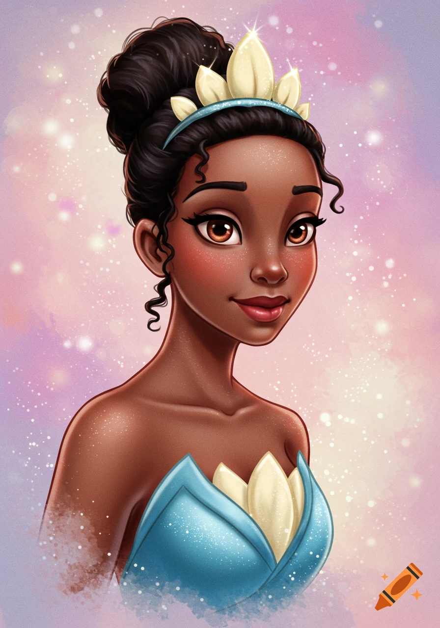 Stylized portrait of Princess Tiana with a bun, lotus crown, and blue-green lotus top, on a sparkly pink and purple background.