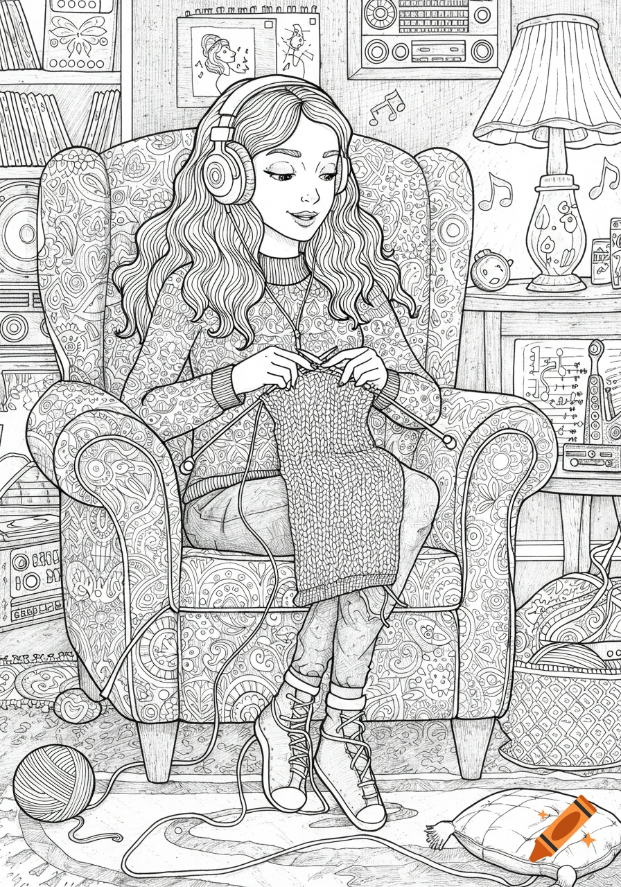 A detailed line art coloring page features a girl with long wavy hair, wearing headphones and knitting in a patterned armchair in a cozy room filled with books, records, and a lamp.