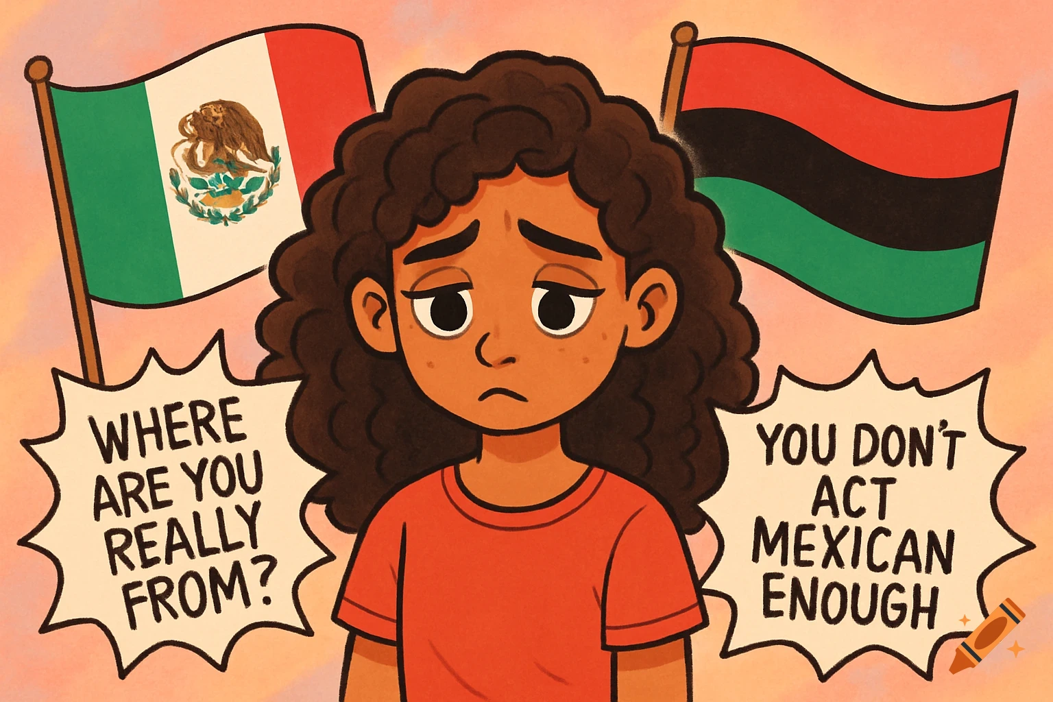 A sad cartoon teenage girl with curly hair stands between a Mexican flag and a Pan-African flag. Speech bubbles read microaggressions.