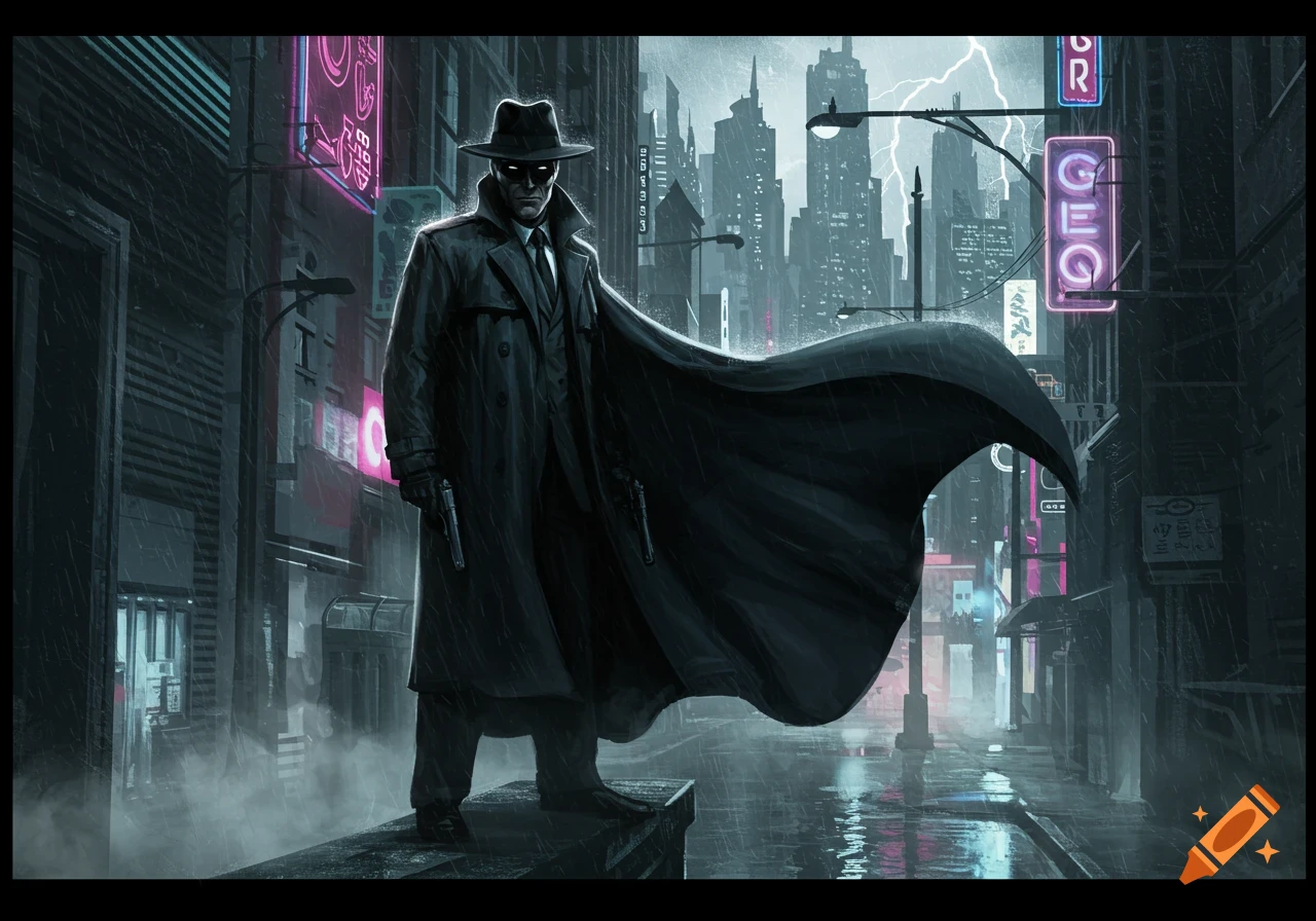 Dark-clad detective in fedora and cape, holding pistols, stands in a rainy, neon-lit cyberpunk city with lightning.
