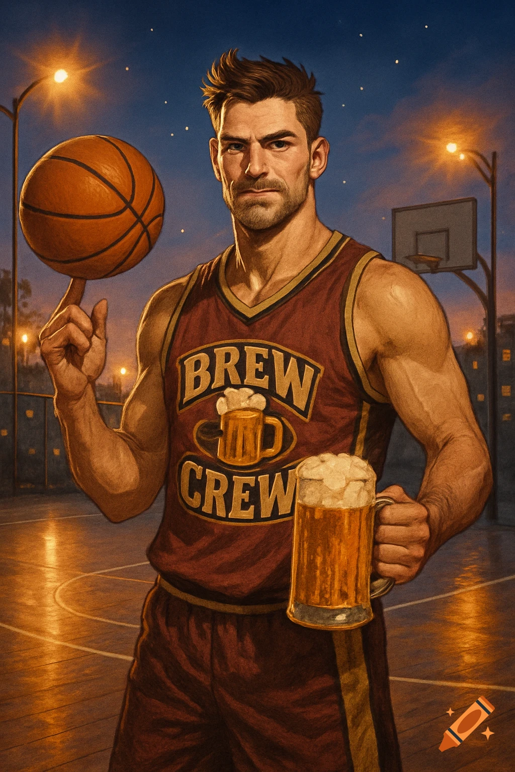 A muscular man in a 'Brew Crew' basketball jersey spins a basketball while holding a beer mug on a nighttime court.