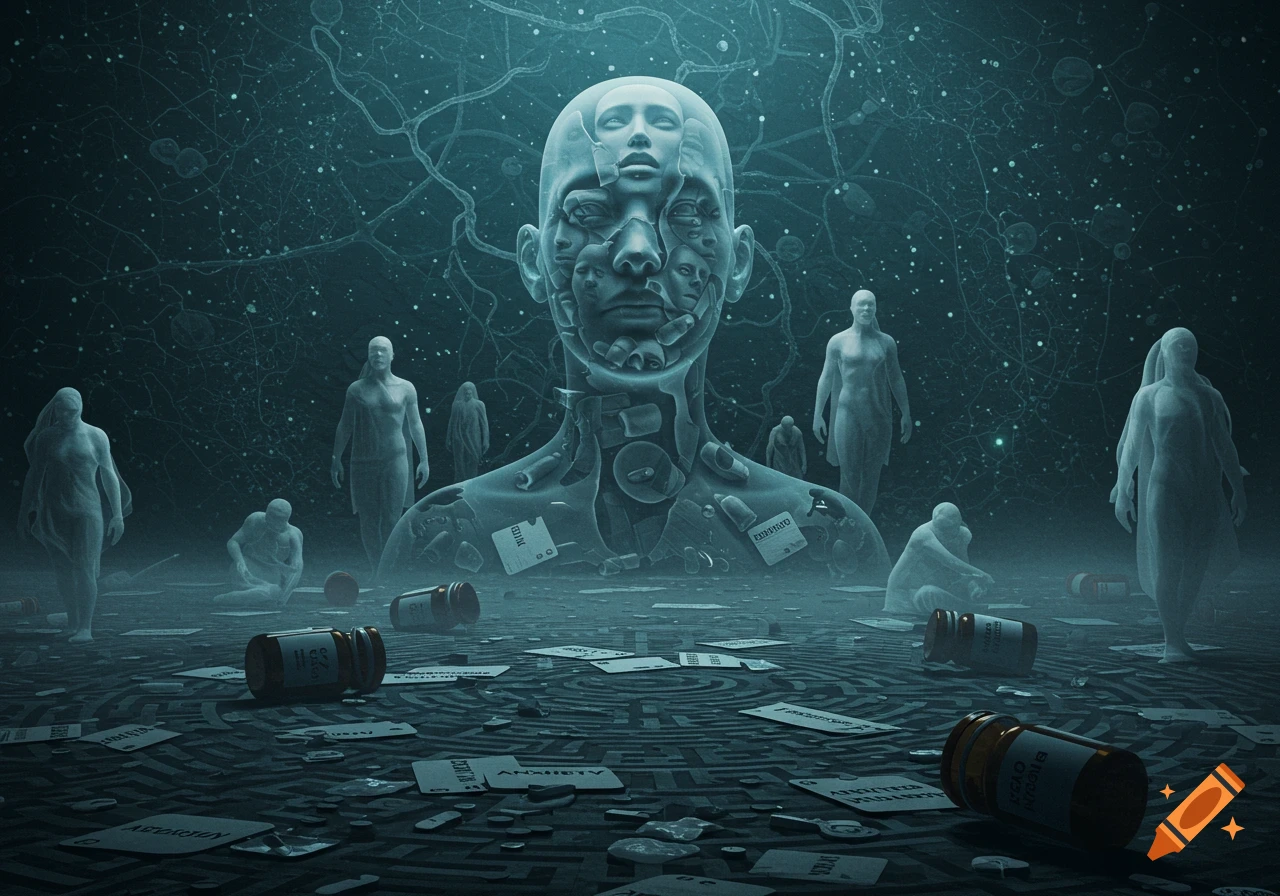 A transparent figure with embedded faces stands among scattered papers labeled "ANXIETY" and "ADDICTION," pill bottles, and ghostly figures in a dark, surreal, digital art scene.
