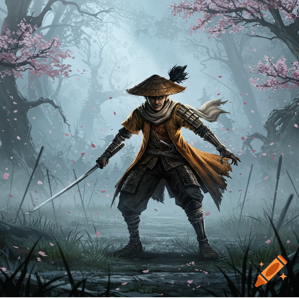 A samurai-like warrior with a straw hat and katana stands in a misty forest with pink cherry blossoms.