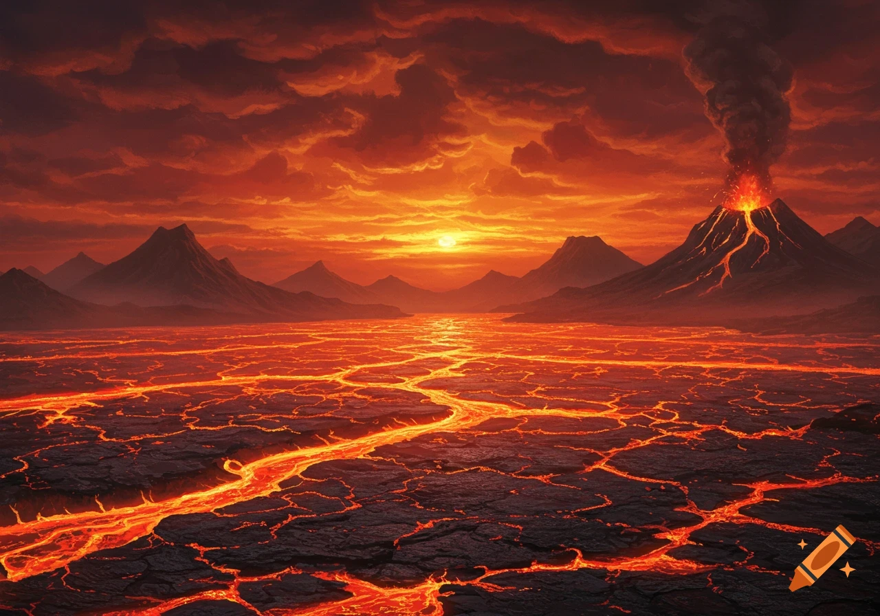 Dramatic painting of a primordial volcanic landscape with a lava ocean, erupting volcano, and crimson sky at sunset.
