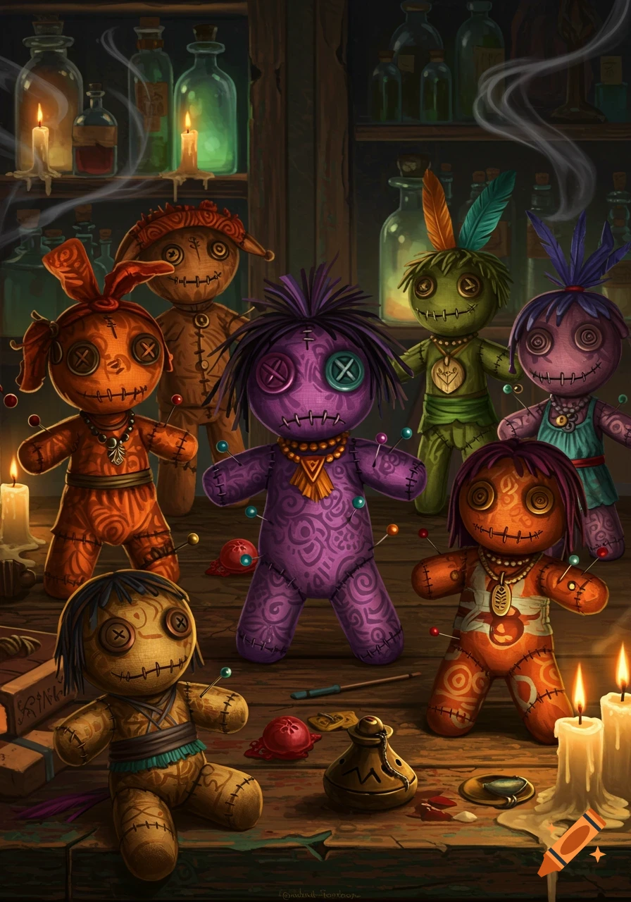 Stylized illustration of various colorful voodoo dolls with pins on a wooden table, surrounded by candles and bottles.