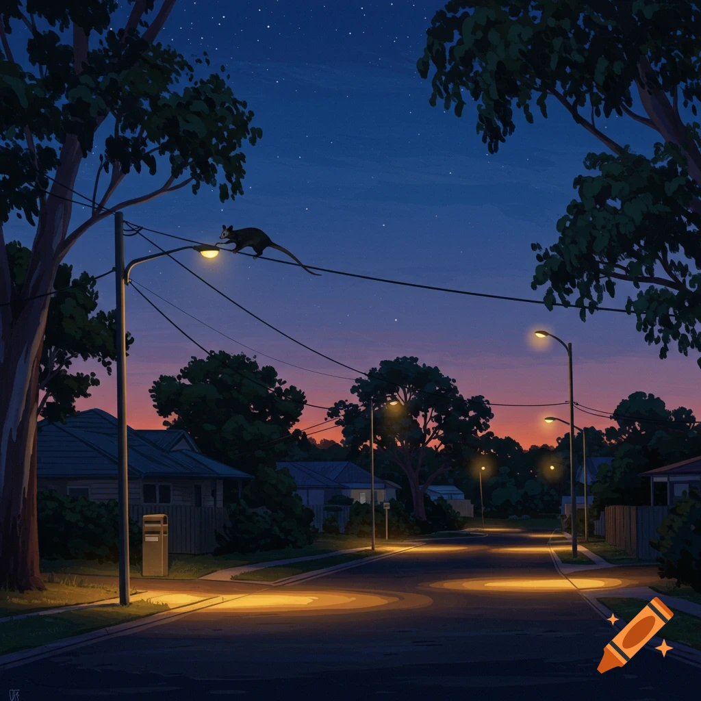 An illustrated quiet suburban street at dusk, with streetlights illuminating the road and a possum walking on a powerline.