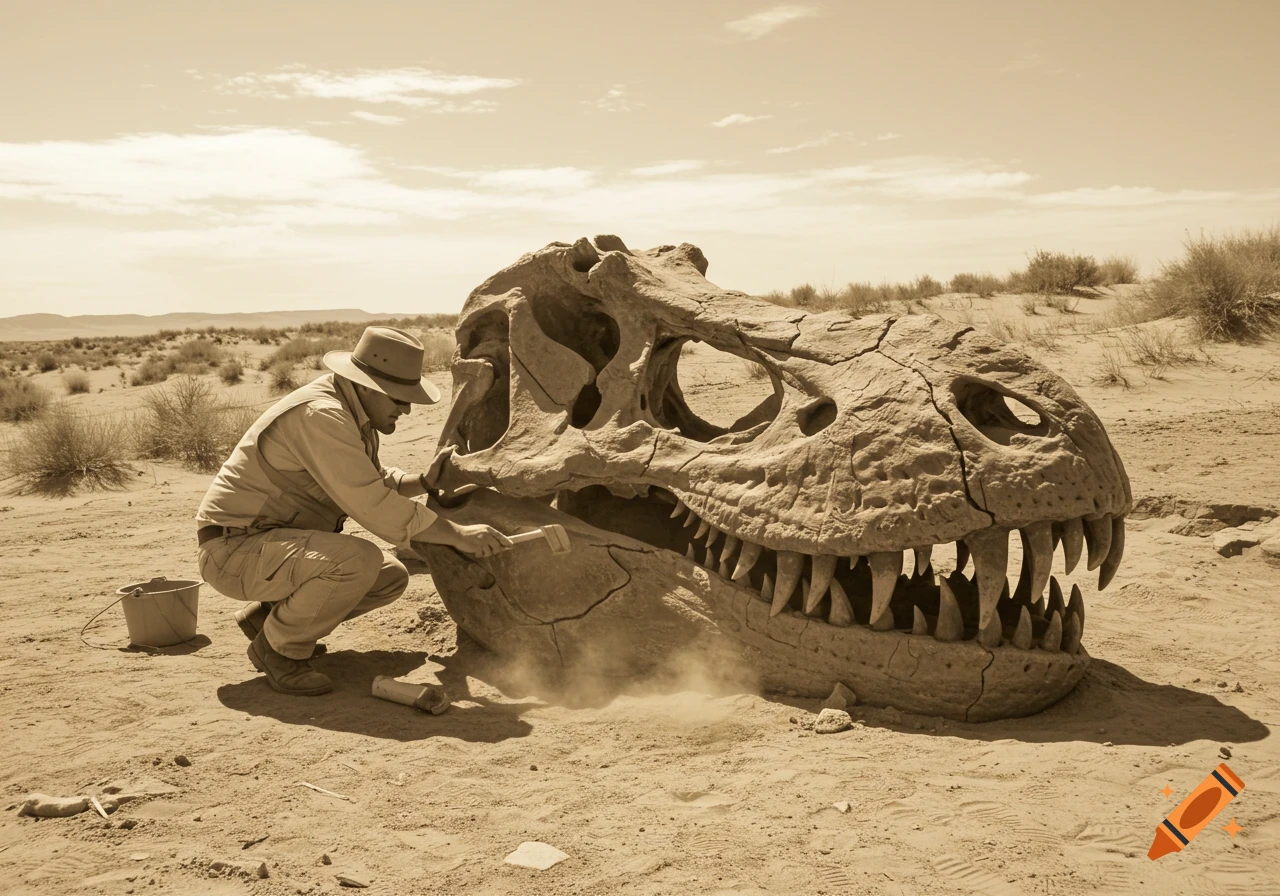 A sepia-toned photograph of a paleontologist excavating a large T-Rex skull in a dusty desert.