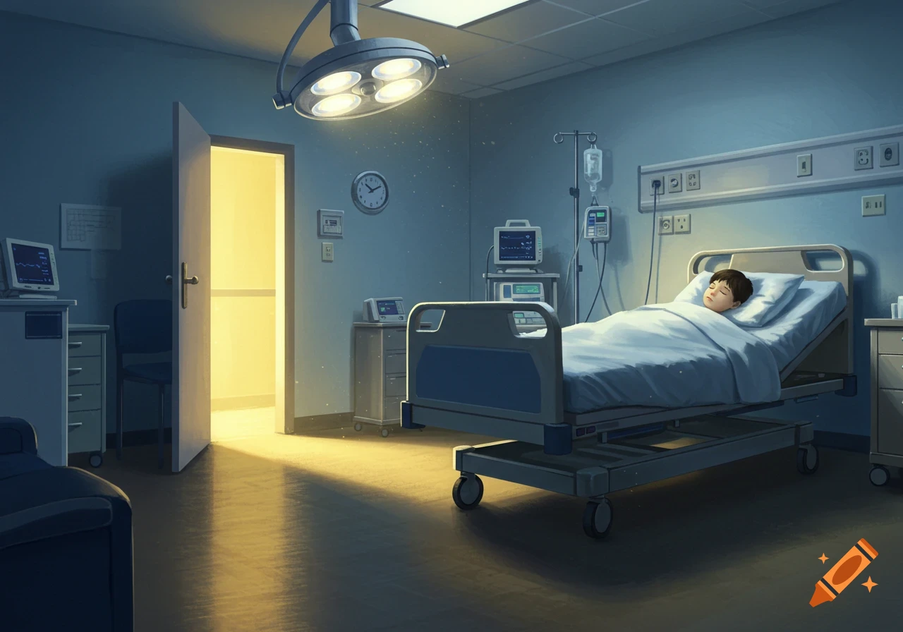 An illustration of a child sleeping in a dimly lit hospital room with medical equipment and a bright light from an open door.