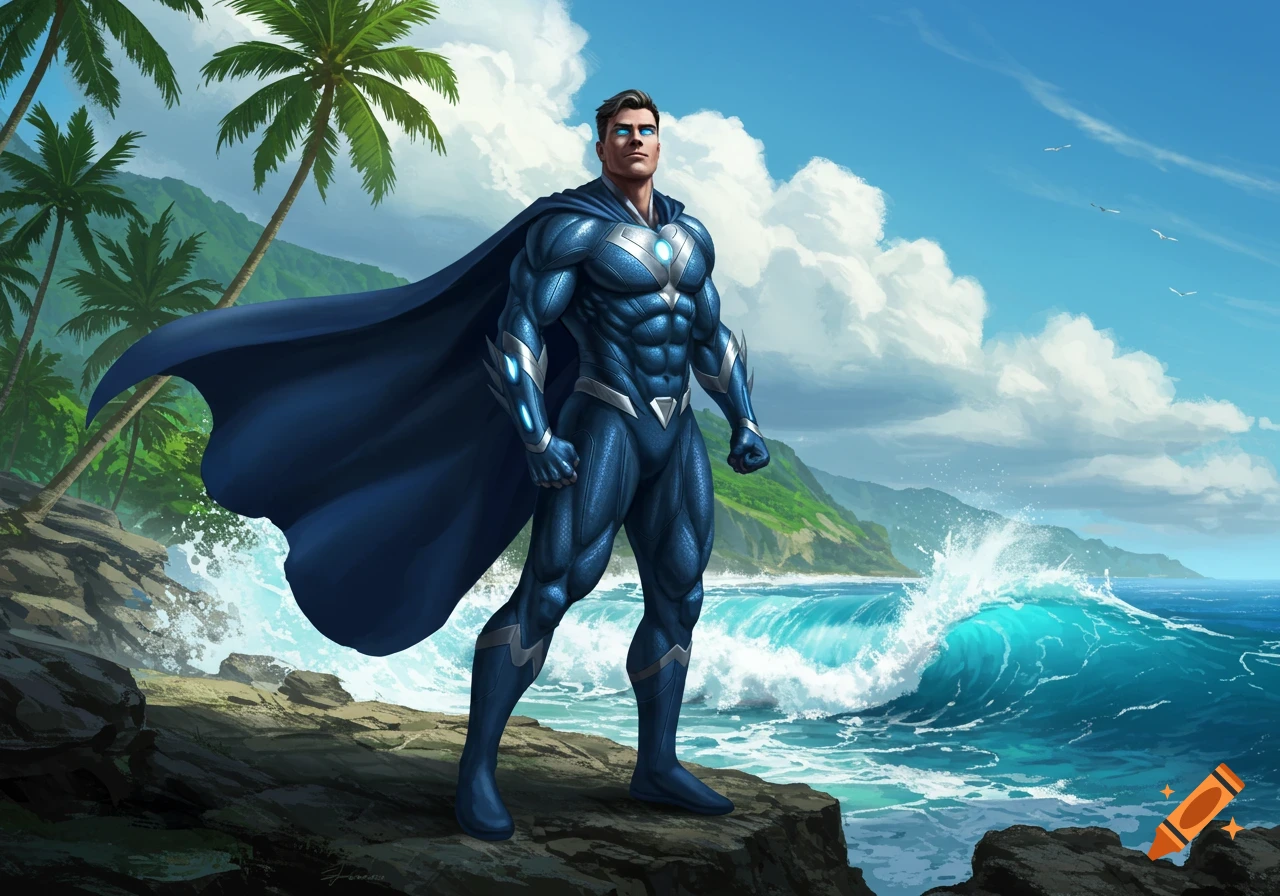 Muscular male superhero in a blue suit and cape stands proudly on a rocky tropical beach with palm trees and ocean waves.