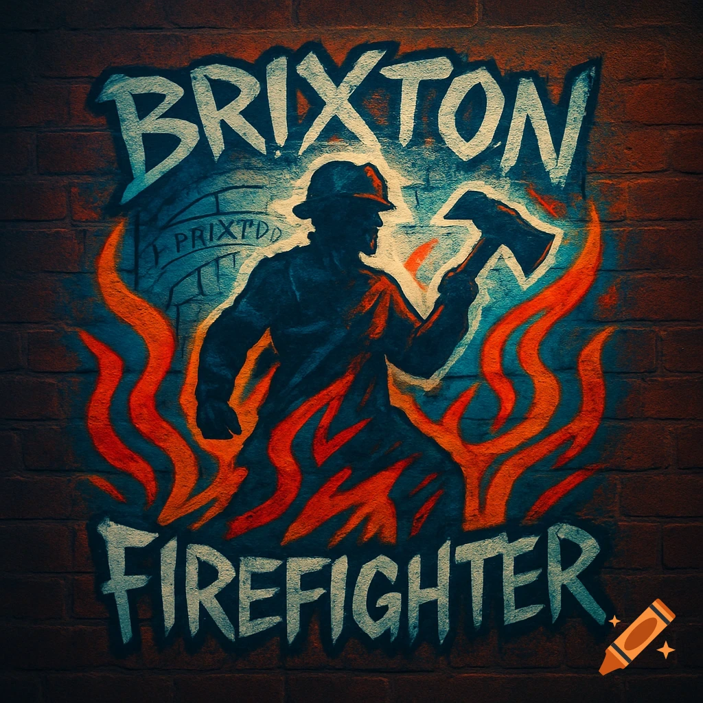 Graffiti art on a brick wall featuring a firefighter silhouette in a hat holding an axe, surrounded by orange flames. The words "BRIXTON" and "FIREFIGHTER" are prominently displayed in a stylized font.