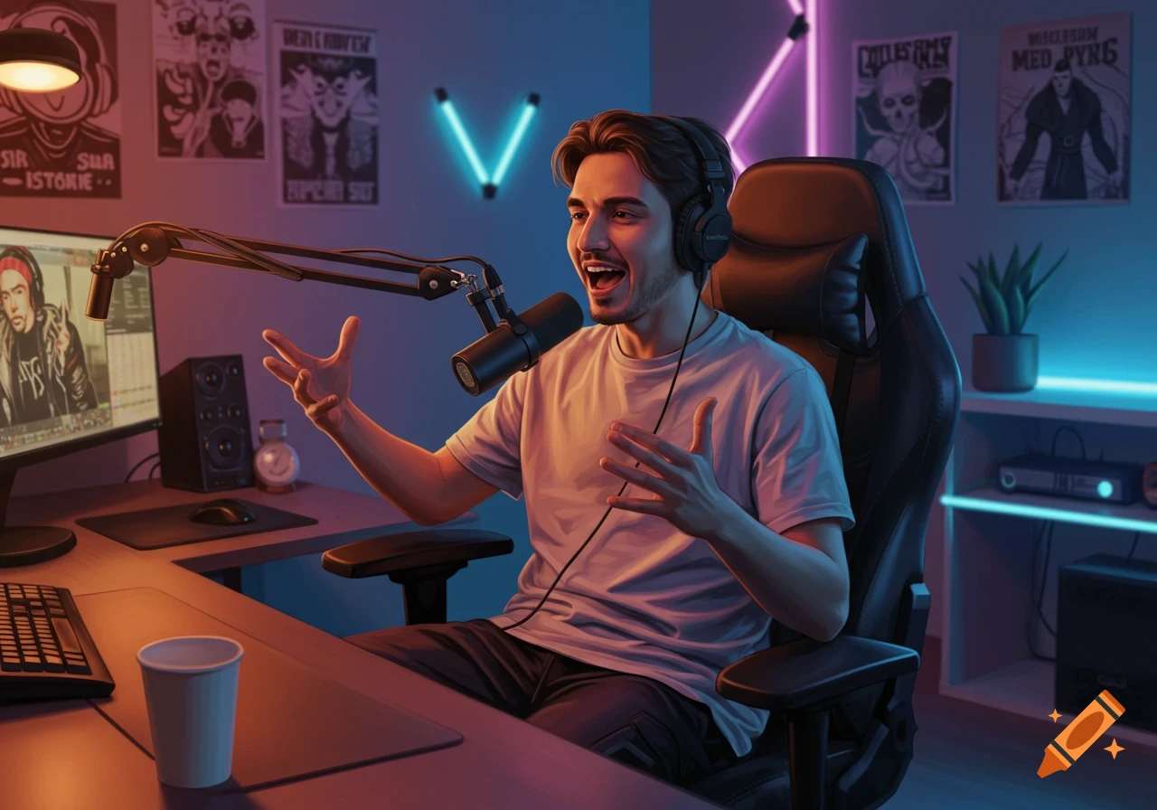 An excited male streamer or podcaster sits at a desk with a microphone and monitor, in a room lit with neon accents.