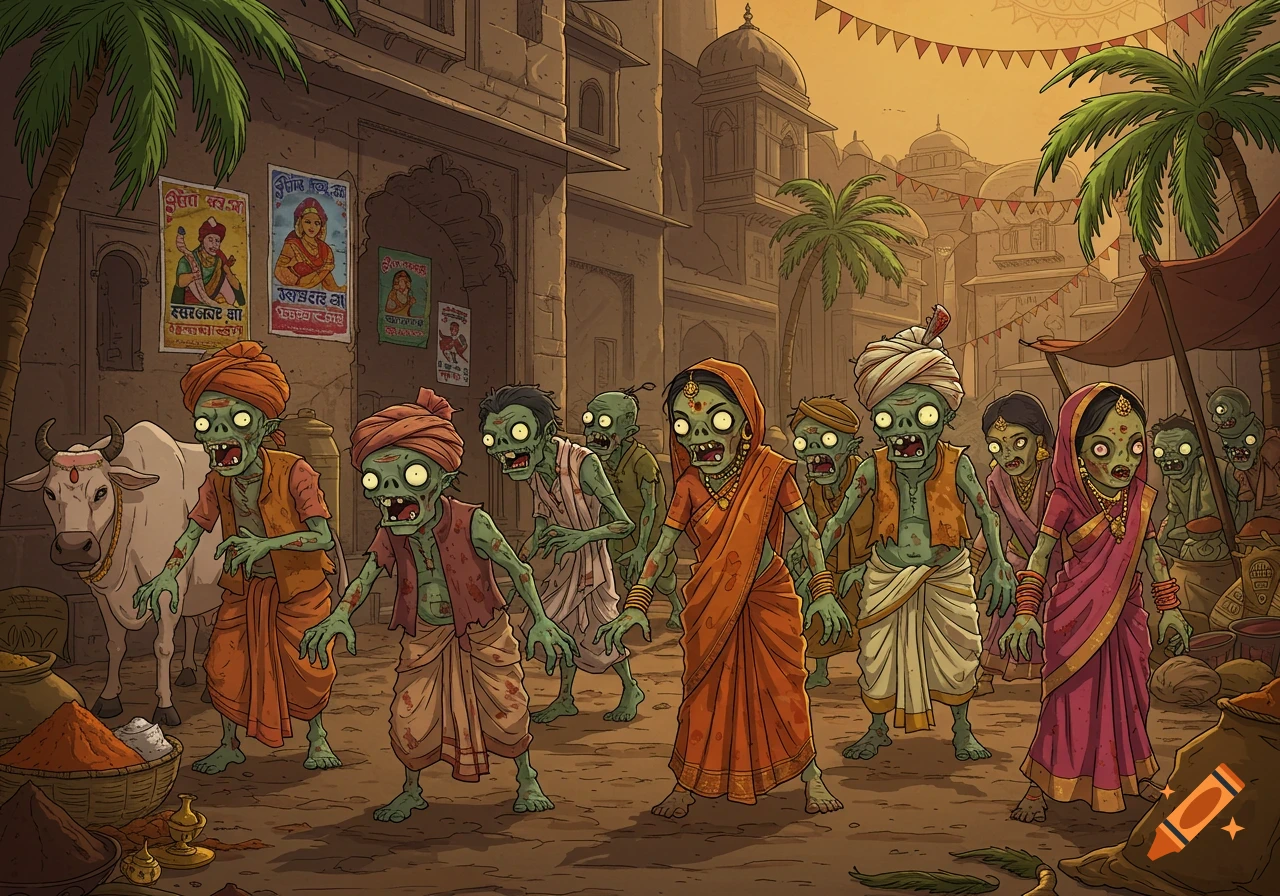 A group of comic-style zombies in traditional Indian attire shambles through a bustling Indian street scene at sunset.