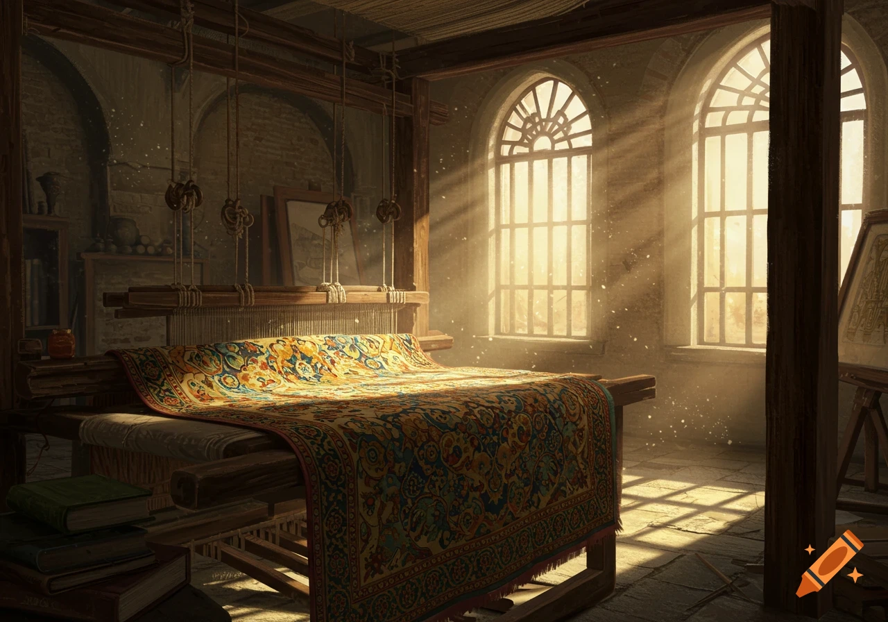 A sunlit, historical room featuring a large wooden weaving loom draped with a vibrant, intricately patterned rug. Sunlight streams through arched windows.