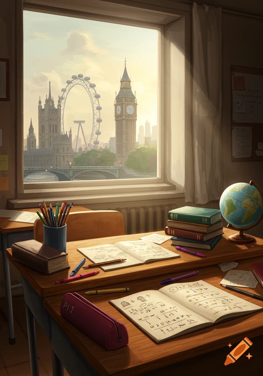 Illustrative classroom scene with books and pens on a desk overlooking Big Ben and the London Eye through a window.