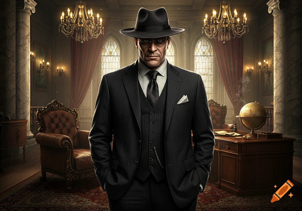 A stern man in a dark pinstripe suit, fedora, and glasses stands in a lavish, dimly lit room with chandeliers and ornate furniture.