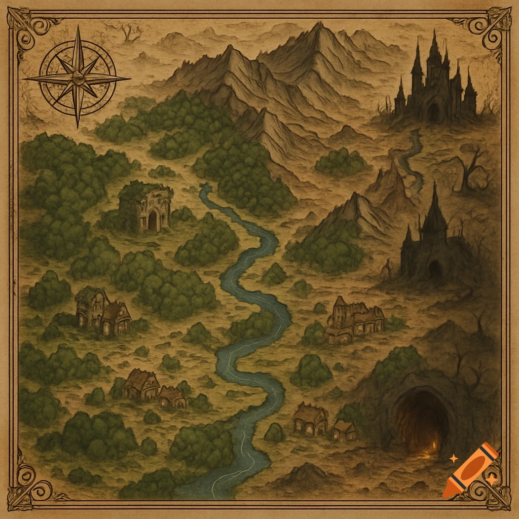 Fantasy RPG map with mountains, forests, a winding river, castles, ruins, and villages, featuring a compass rose.