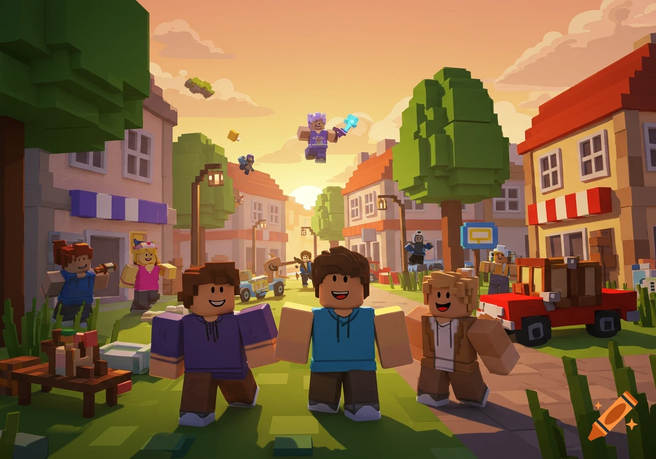 A vibrant blocky town scene with smiling voxel characters, houses, and trees under a sunny sky, in the style of Roblox.