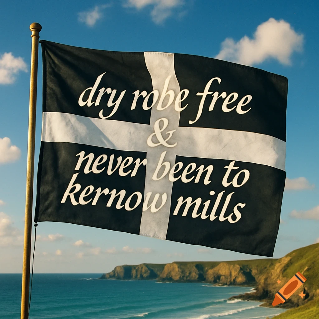 A Cornish flag with 'dry robe free & never been to kernow mills' flying over a scenic coastline with blue sea and sky.