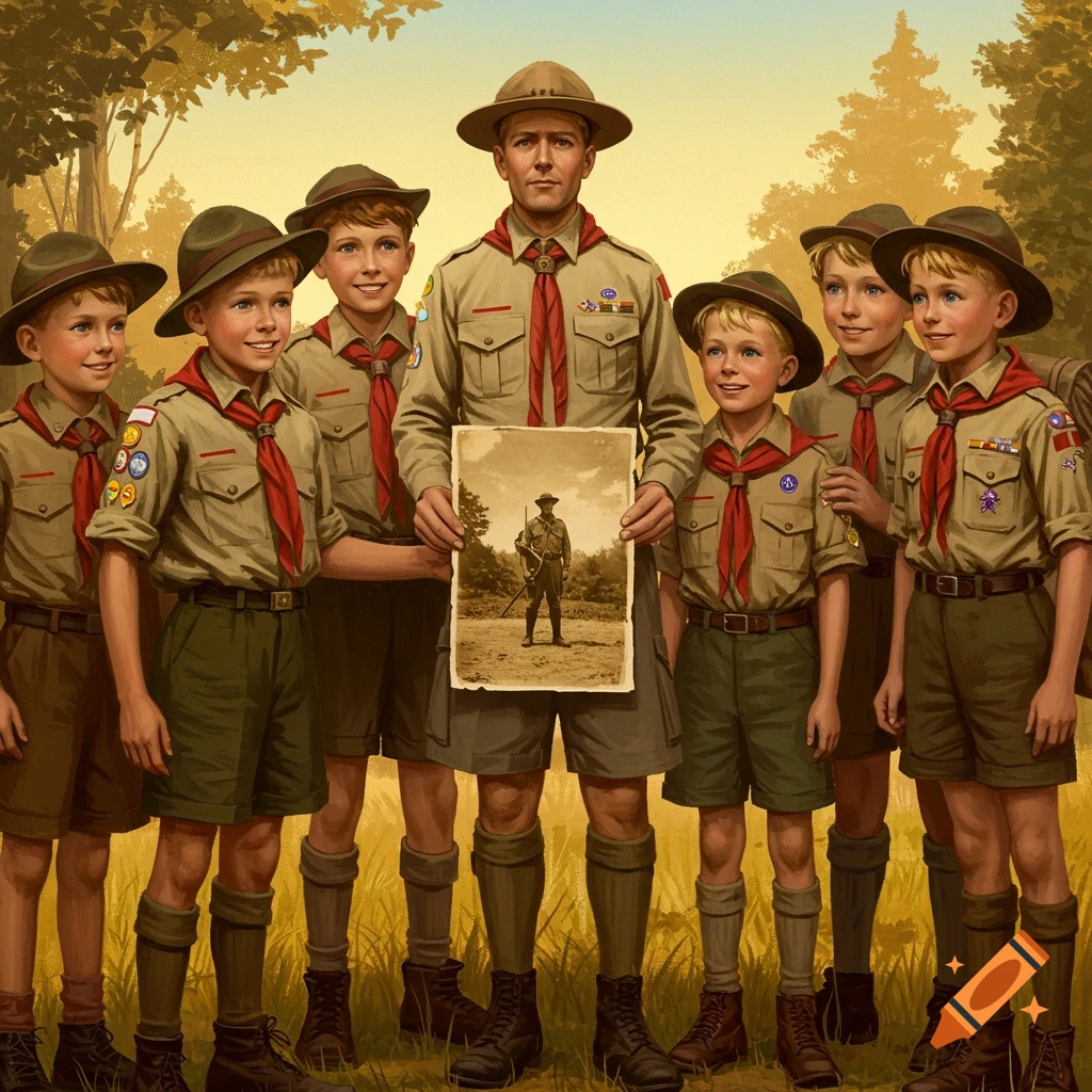 A scout leader and six young boy scouts in uniform stand outdoors, the leader holding a photo of himself alone.