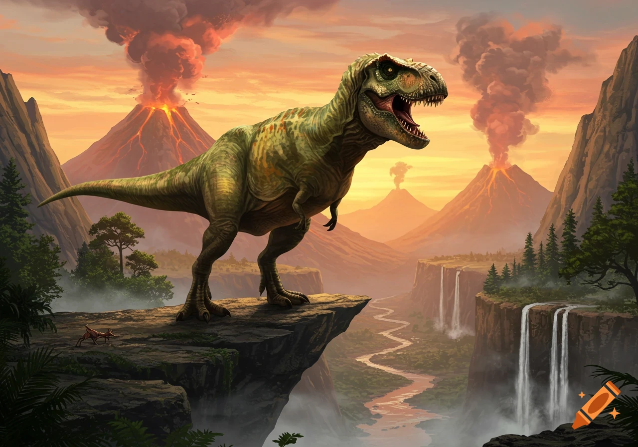 A T-Rex roars from a cliff overlooking a prehistoric landscape with active volcanoes, lush forests, waterfalls, and a winding river at sunset.