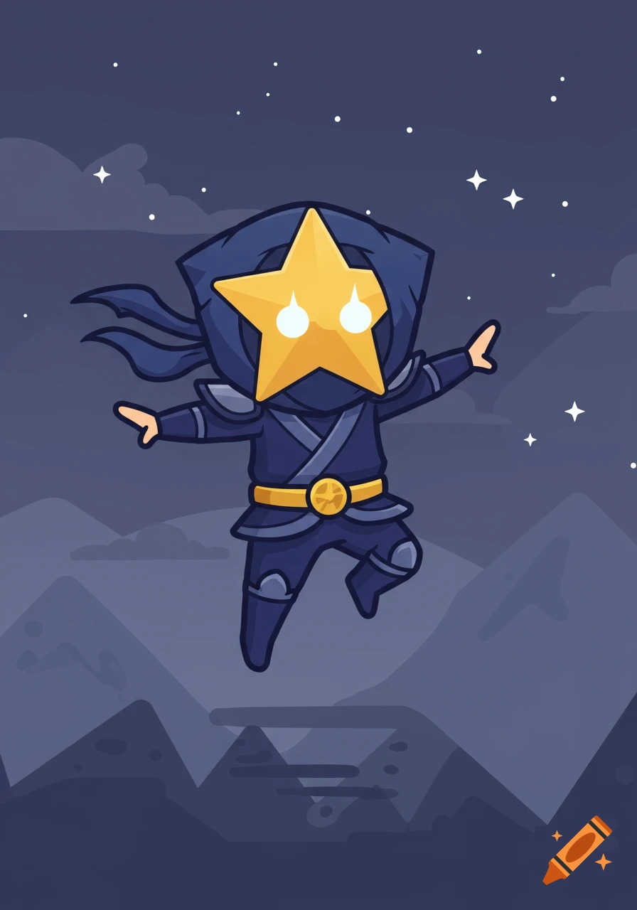A cute cartoon star ninja with a golden star head and glowing eyes leaps in a dark night sky with distant mountains.
