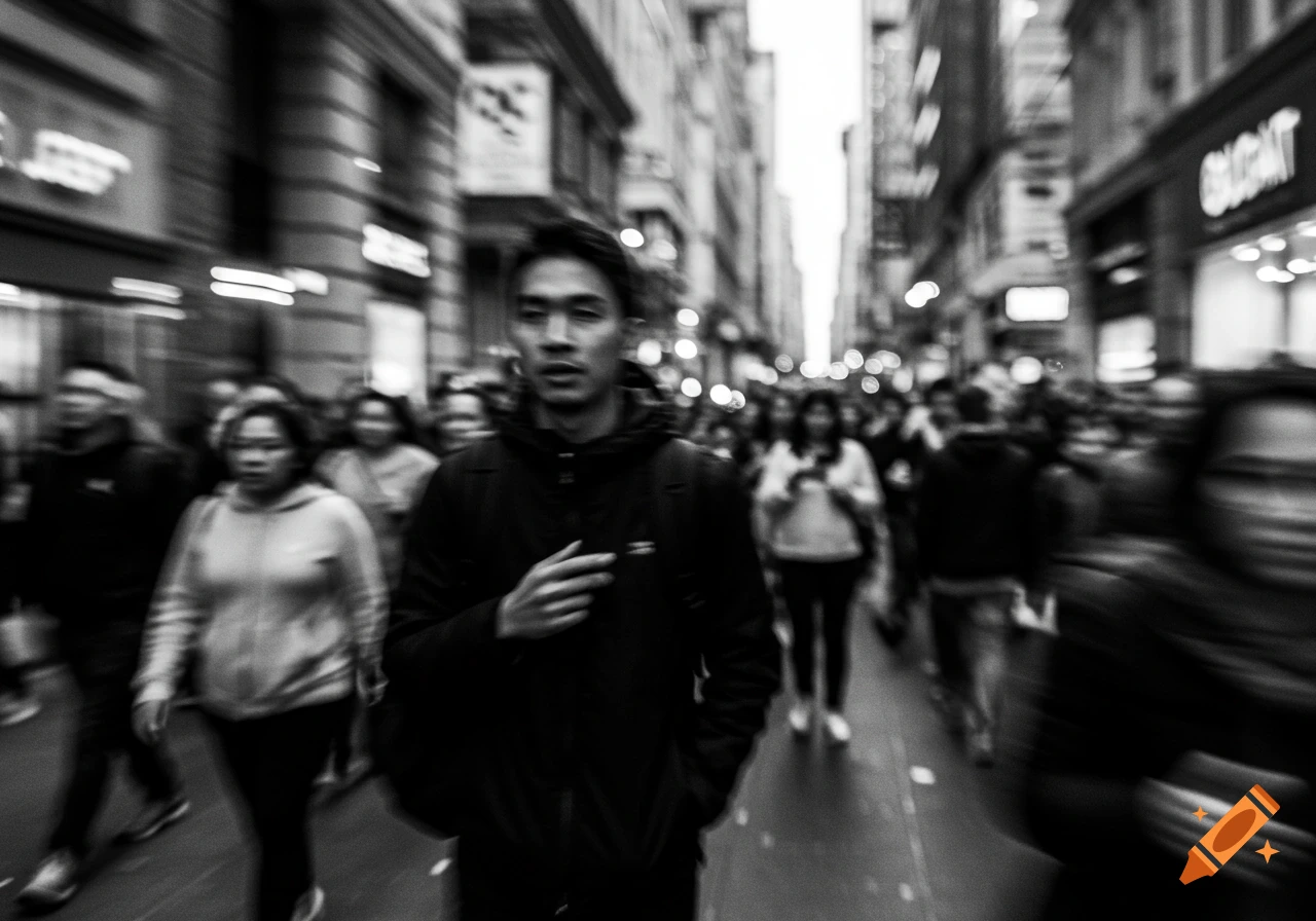 A man walks on a blurred, black and white city street, surrounded by other people and buildings, creating a sense of motion.