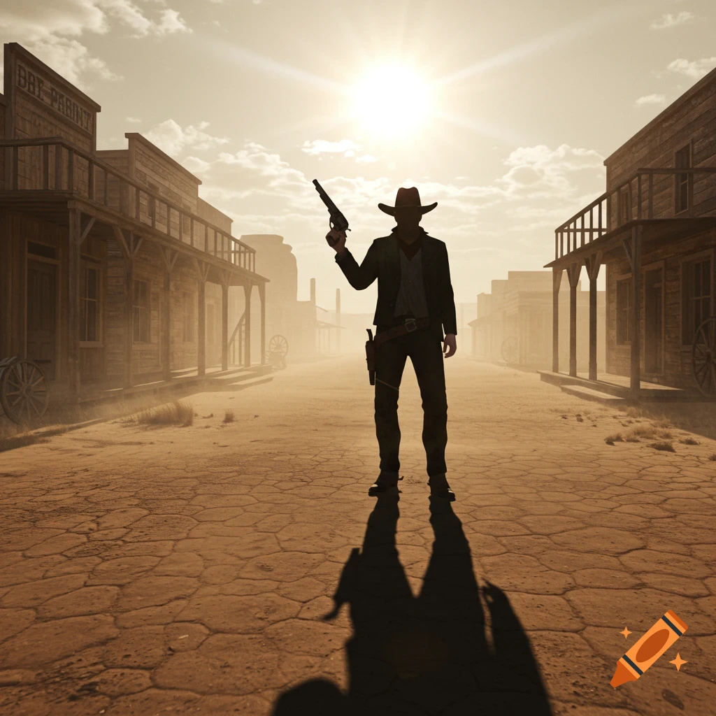 A silhouette of a cowboy holding a revolver stands in the dusty street of an old Western town at sunset, casting a long shadow.