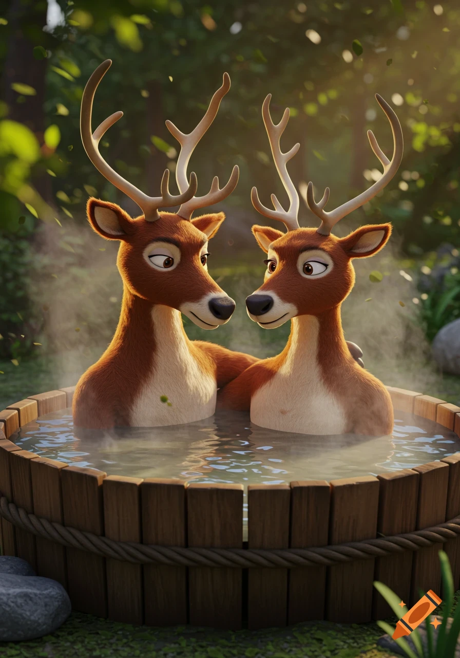 Two anthropomorphic cartoon deer relaxing happily in a wooden hot tub in a lush forest, rendered in 3D animation.