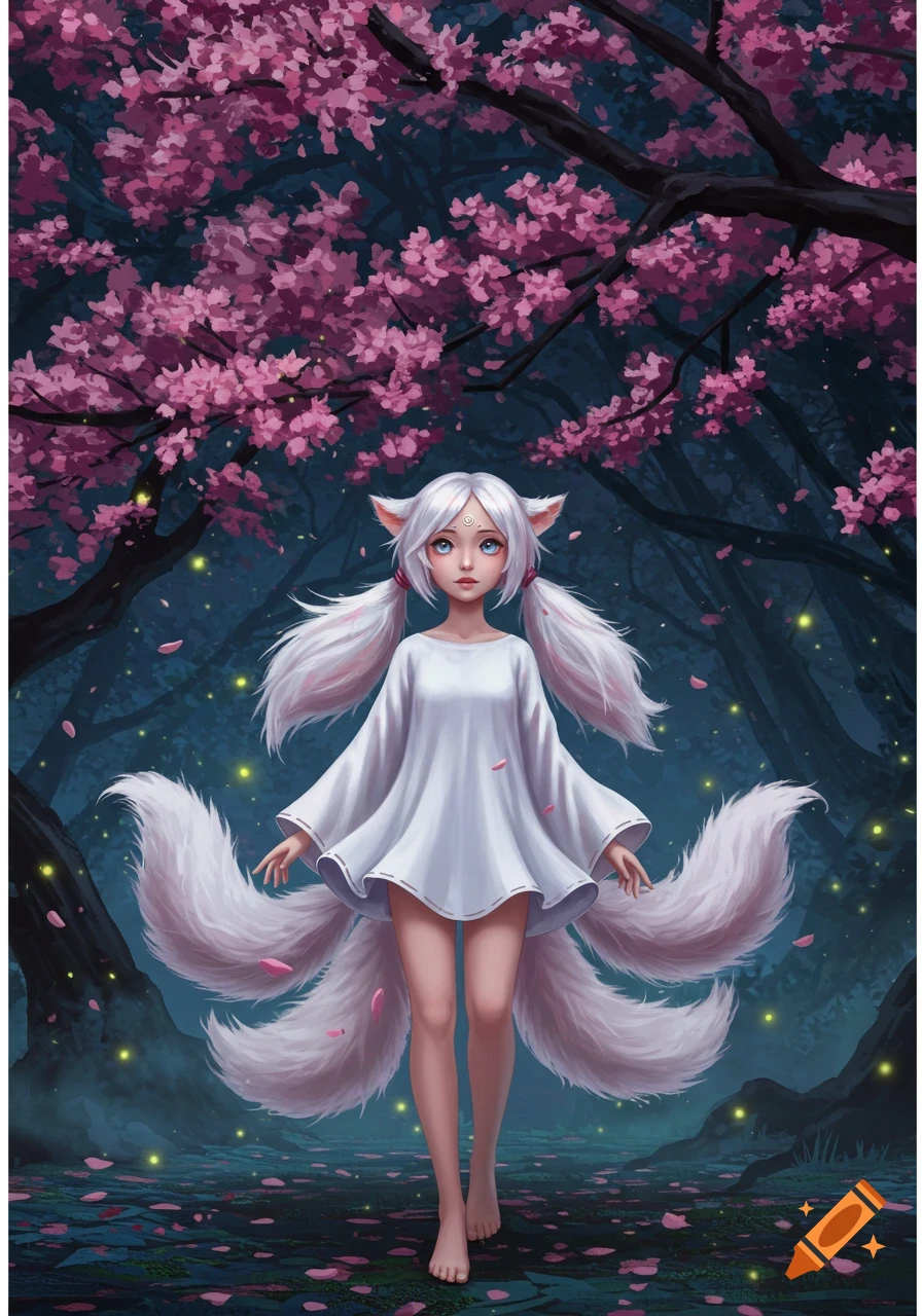 A white-haired girl with fox ears and multiple fluffy white tails stands barefoot in a dark forest with glowing elements and pink cherry blossoms in an anime art style.