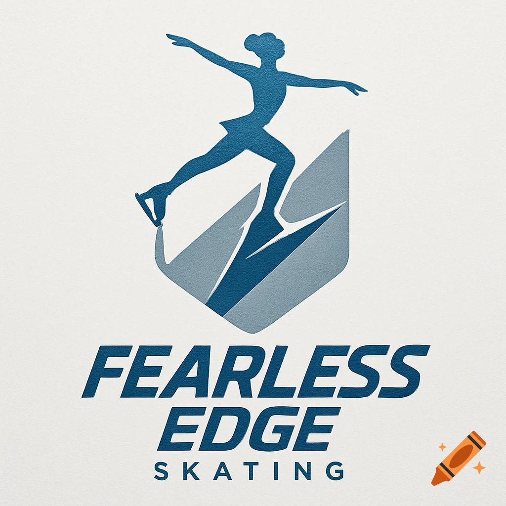 Blue logo for Fearless Edge Skating, featuring a figure skater silhouette on an abstract ice design.