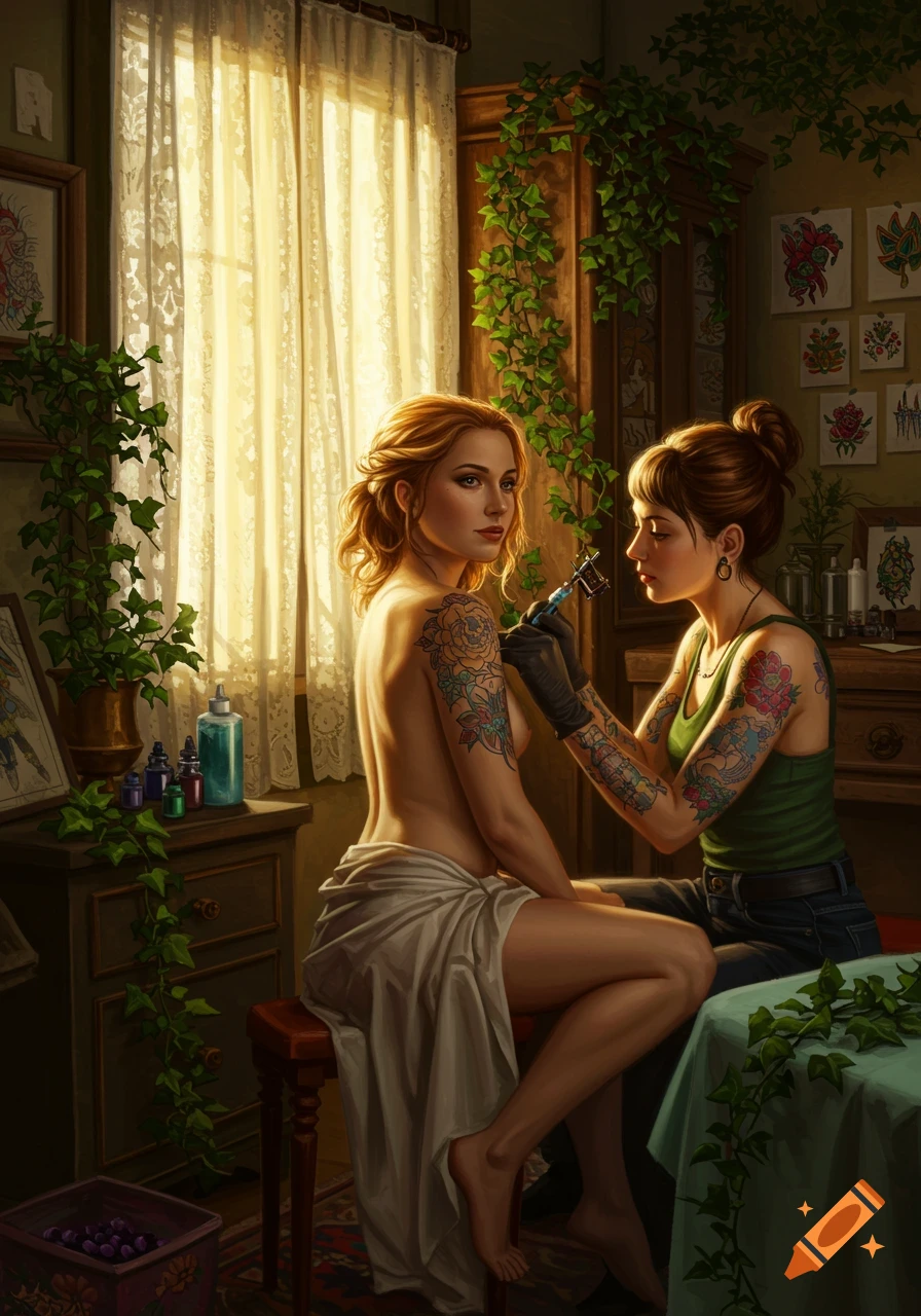 Two women in a warmly lit room, one with bare shoulders getting a colorful floral tattoo on her arm from a female tattoo artist, fine art style.