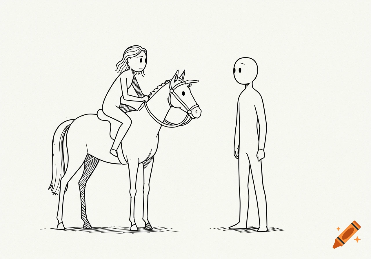 A simple black and white stick figure illustration shows a woman riding a horse next to a standing man.