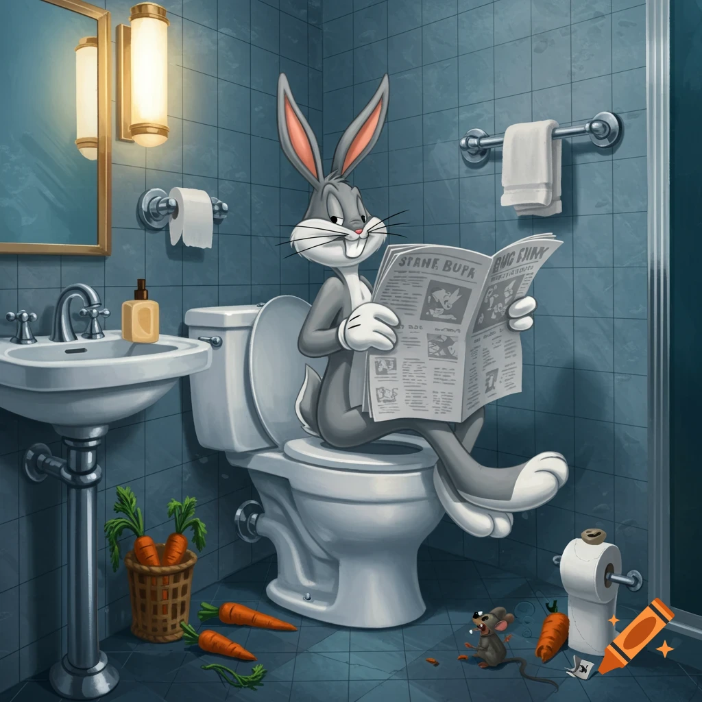 Bugs Bunny sits on a toilet in a blue-tiled bathroom, reading a newspaper. Carrots and a mouse are on the floor.