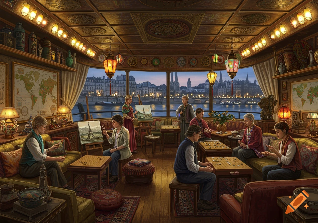 Detailed illustration of people painting and playing board games inside a luxurious houseboat on the Seine river at dusk, with Parisian architecture visible through panoramic windows.