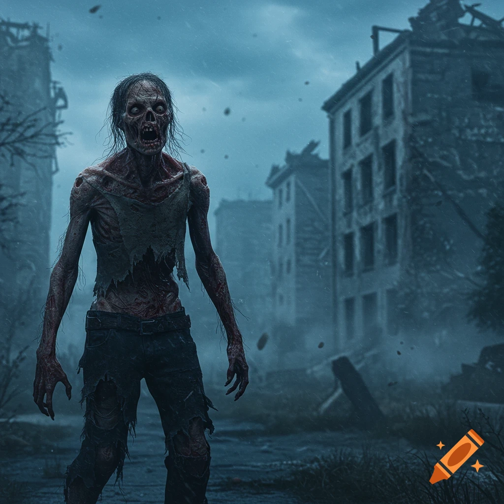 A grotesque zombie with decayed skin and torn clothes stands in a ruined city under a dark, stormy sky, in a realistic style.