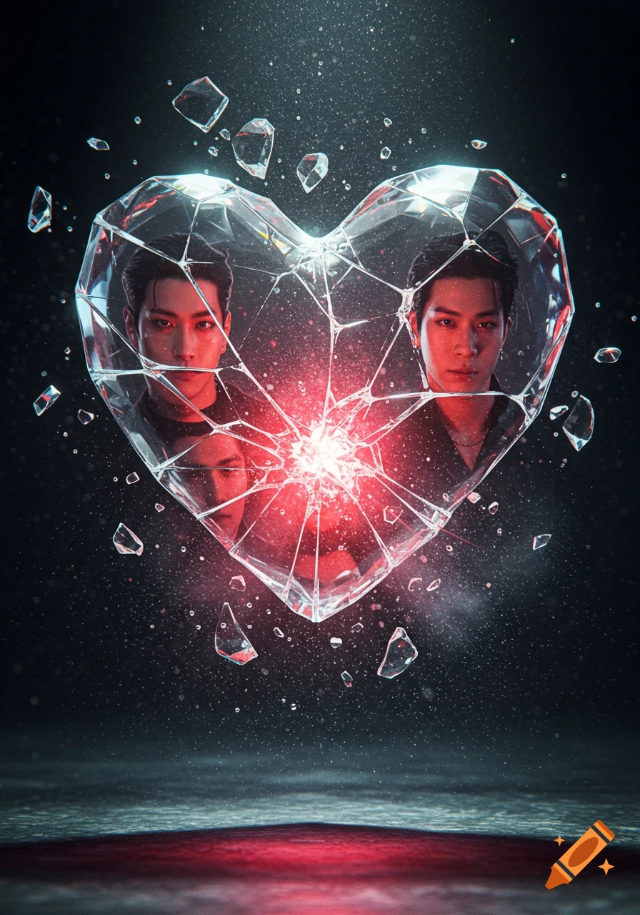 A shattering glass heart reflects two men's faces amidst a red glowing light and flying shards on a dark background.