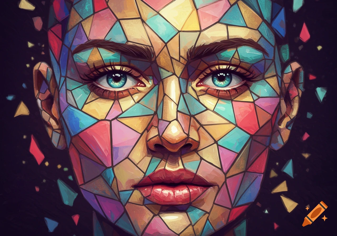 Abstract portrait of a human face made of colorful geometric fragments, resembling stained glass.